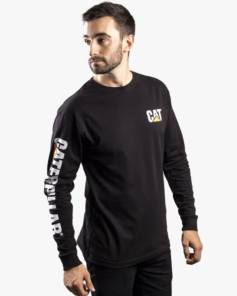 Caterpillar Footwear T-Shirt aus Baumwolle mit langem Arm und Markenbanner - Schwarz Schwarz