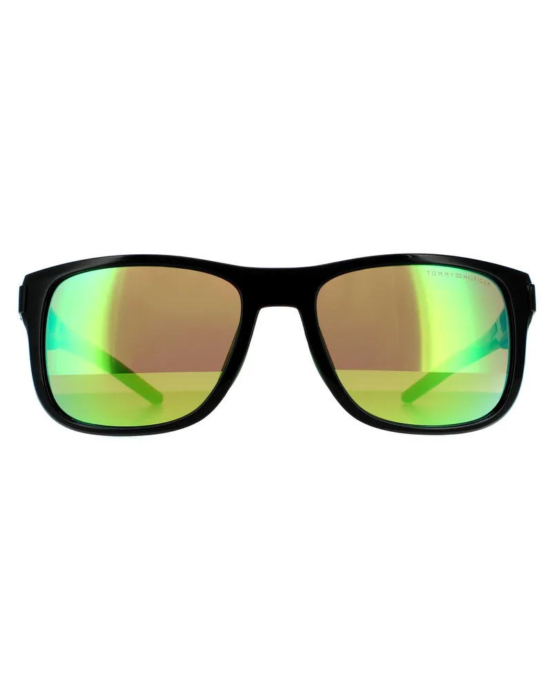Tommy Hilfiger Wrap Mens Black Green Mirror Sonnenbrillen Schwarz