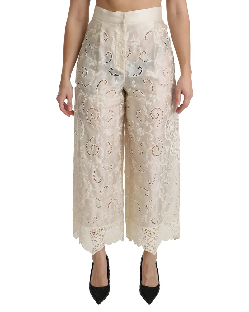 Dolce & Gabbana Palazzo kurze Hose mit hoher Taille aus cremefarbener Spitze für Frauen Wollweiß