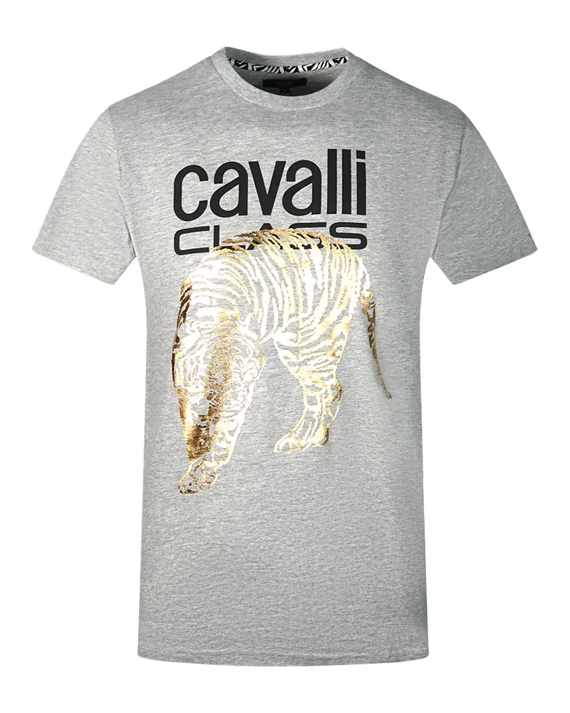 Roberto Cavalli großes graues T-Shirt mit goldenem Tiger-Schablonenlogo Grau