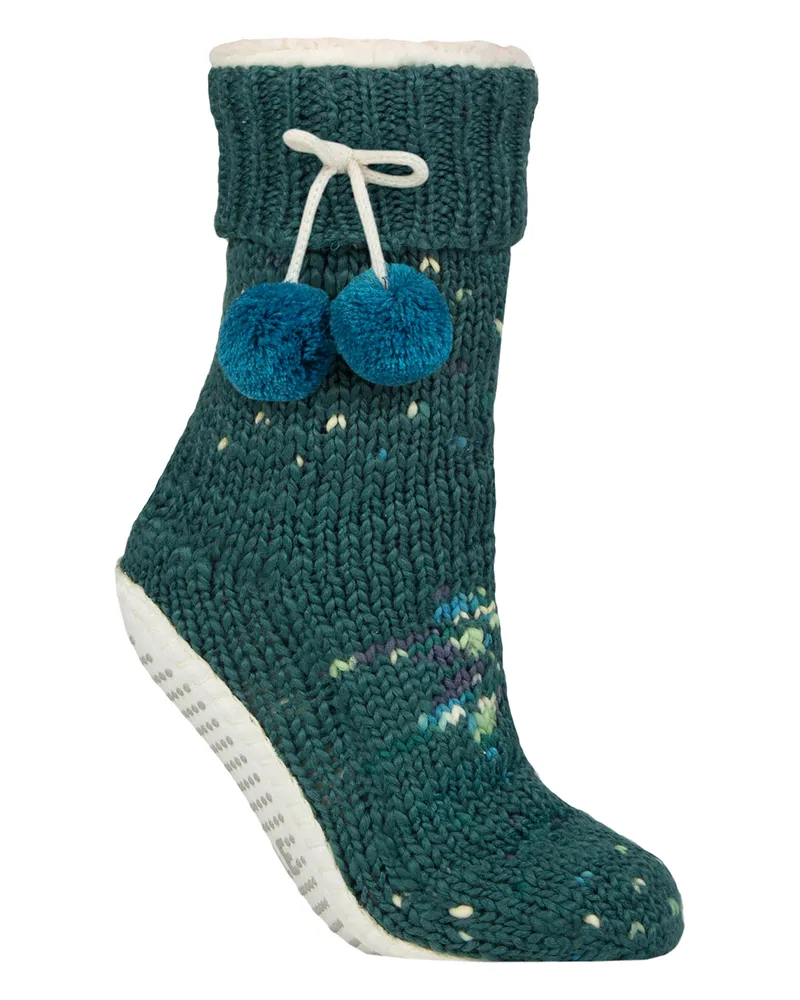 Elle 1 Paar Damen mokassinähnliche Slipper mit Sherpa-Futter und Bommel - Grün Grün