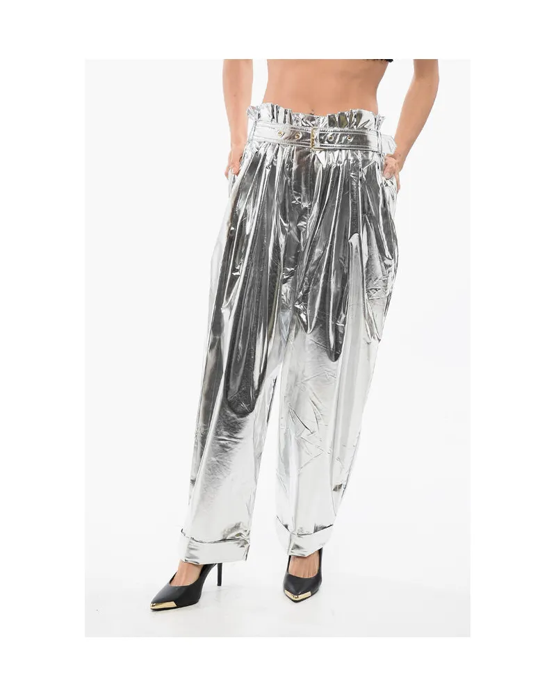 Balmain Plissee High Waist Baggy-Fit Hose Metallic-Effekt in Silber Silber