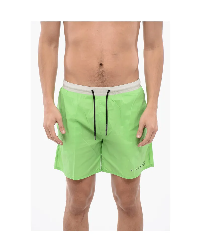 John Richmond Zweifarbiger Boxer-Badeanzug in Bianco, Verde Weiß