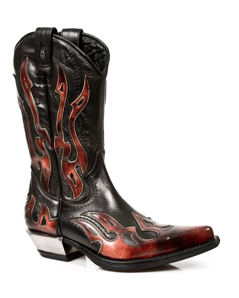 New Rock Flame Akzentuierte schwarz/rote mittelhohe Cowboystiefel-7921-S2 Schwarz