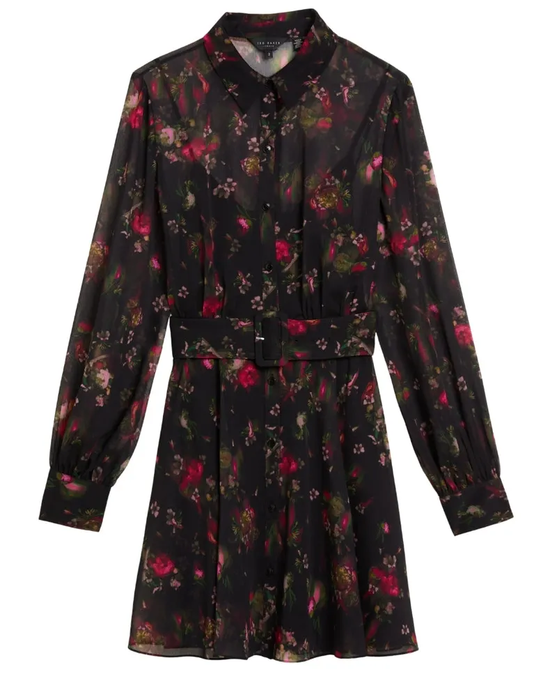 Ted Baker Schwarzes Kleid Von  Mit Kragen, Bedruckt Und Knopfleiste Schwarz