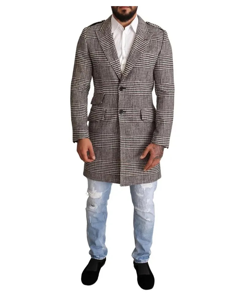 Dolce & Gabbana Glen Plaid Wollmantel mit langen Ärmeln Grau