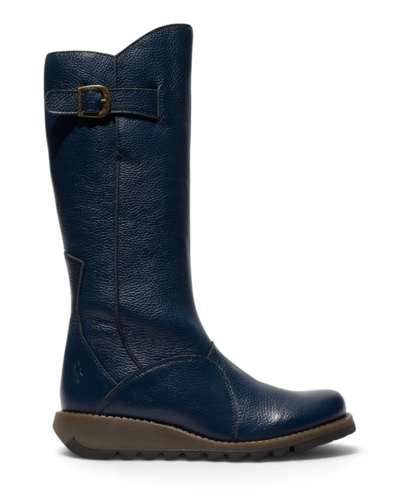 Fly London Damen Kniehohe Lederstiefel mit Keilabsatz in Marineblau - MOL2 Marineblau