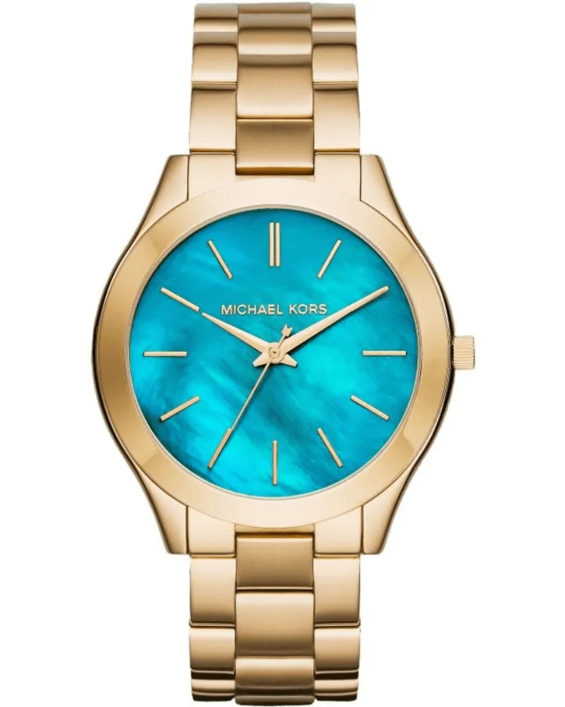 Michael Kors MK3492 Slim Runway 42mm Goldfarbene Edelstahl Damenarmbanduhr mit blauen Zifferblatt Gold