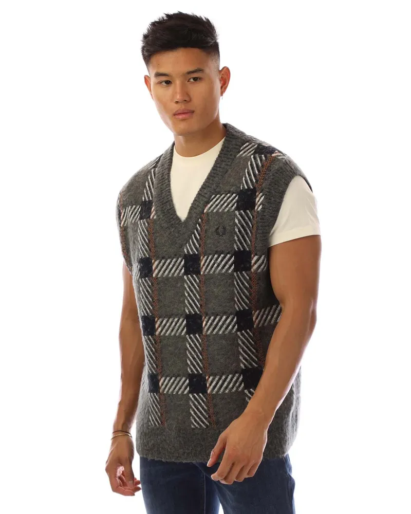 Fred Perry Glitch Tartan Strick-Top für Herren, ärmellos - Grau Grau