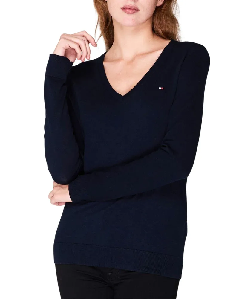 Tommy Hilfiger Pullover Top für Damen, V-Ausschnitt, Baumwolle (Marine Marineblau