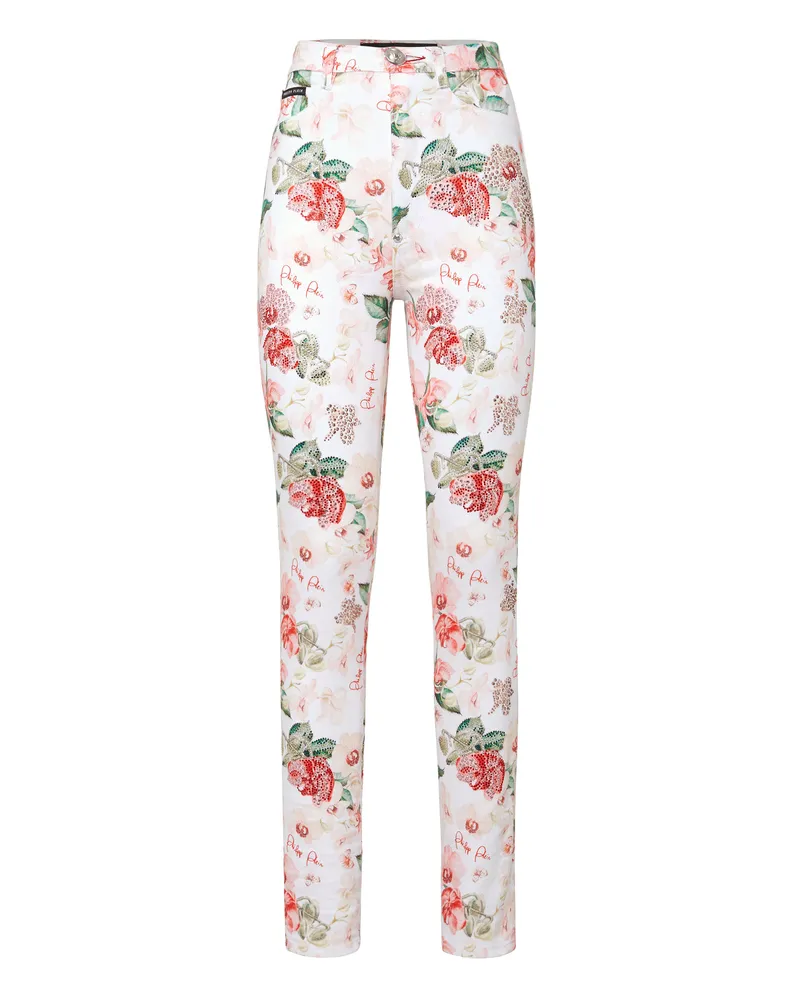Philipp Plein Super High Waist Jegging Flowers Weiß