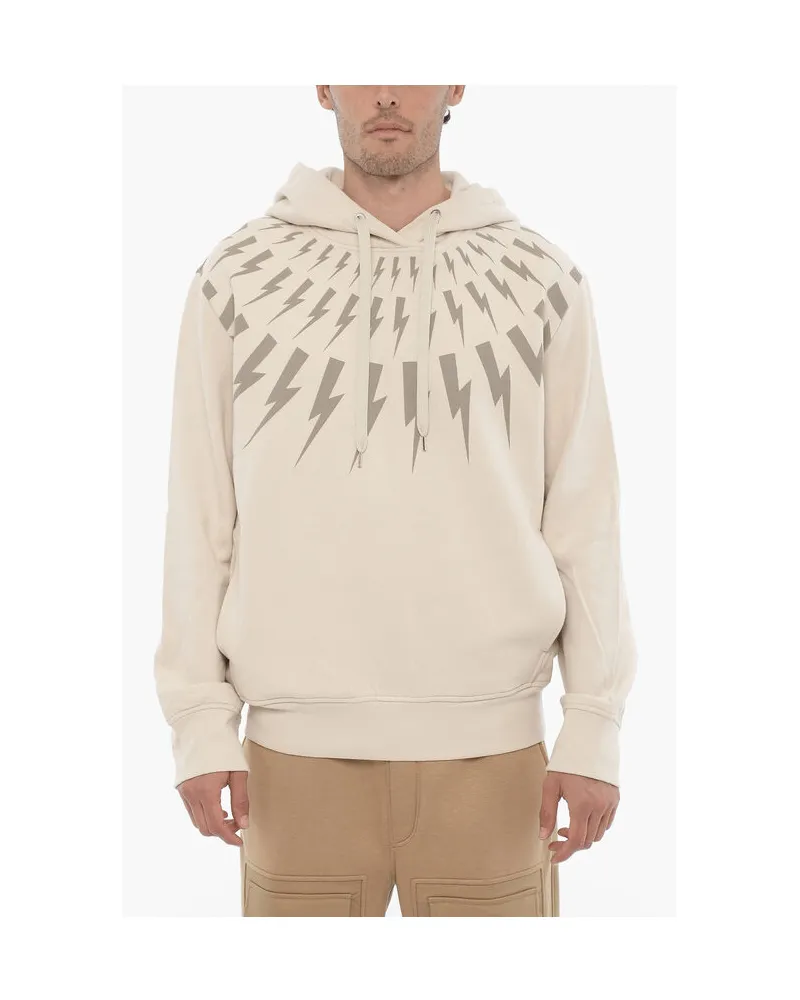 Neil Barrett Fleece-Baumwoll-FAIRISLE-THUNDERBOLT-Hoodie in Beige Beige
