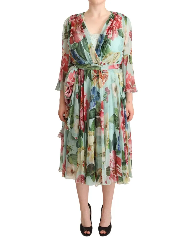 Dolce & Gabbana Blumenmuster Seiden-Midi-Kleid Hellblau