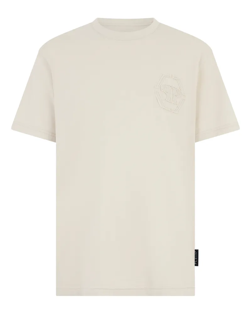 Philipp Plein Round Neck T-Shirt Raw Edge Monogram Monogram Beige