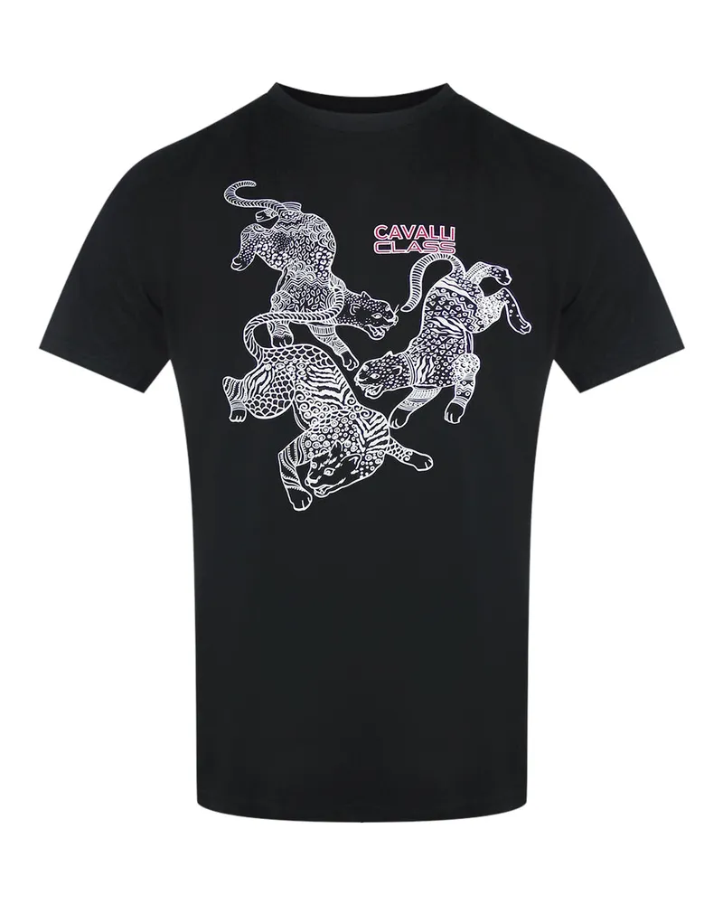 Roberto Cavalli Schwarzes T-shirt Mit Paisley-leoparden-logo Schwarz