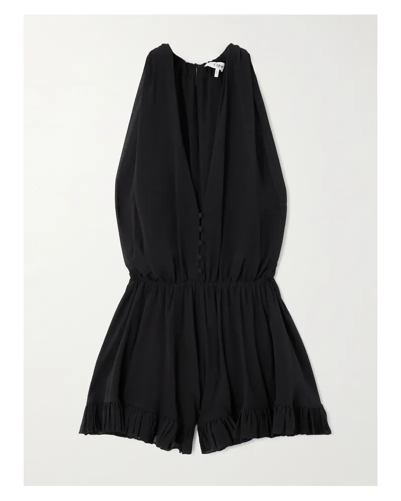 Chloé Playsuit Aus Seiden-crêpe Mit Raffungen Und Rüschen - Schwarz Schwarz