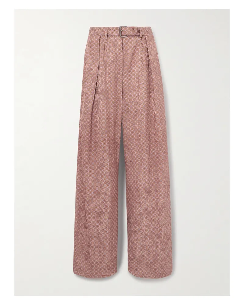 Dries van Noten Hose Mit Weitem Bein Aus Glänzendem, Bedrucktem Jacquard Mit Gürtel Und Falten - Orange Orange