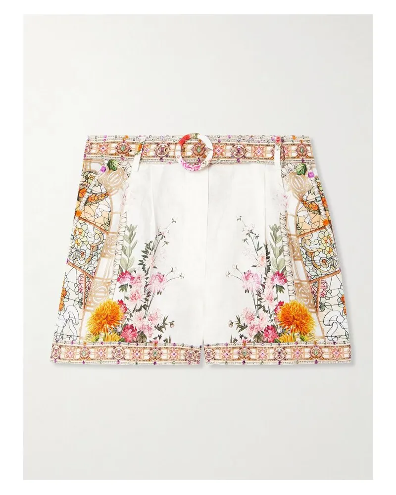 Camilla Shorts Aus Leinen Mit Blumenprint, Kristallen Und Gürtel - Wollweiß Wollweiß
