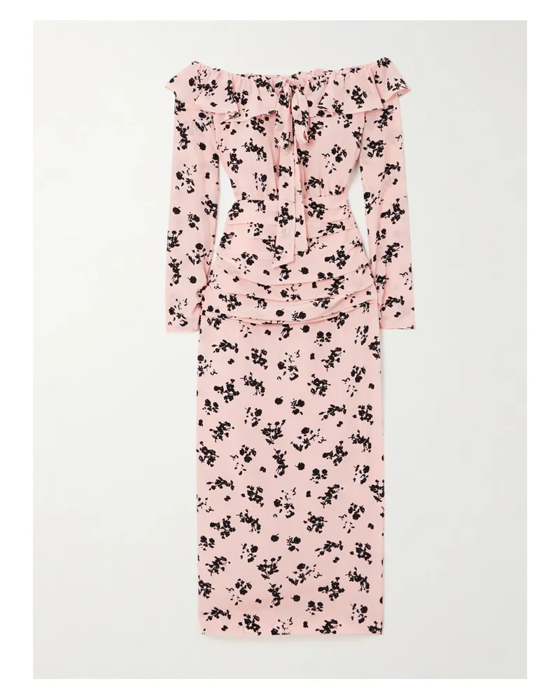 Alessandra Rich Schulterfreies Midikleid Aus Crêpe De Chine Aus Seide Mit Blumenprint Und Volant - Pink Pink
