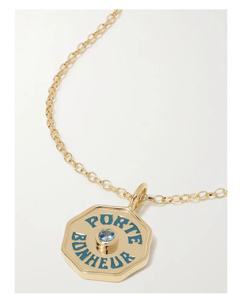 Marlo Laz Mini Porte Bonheur Coin Kette Aus 14 Karat Gold Mit Emaille Und Aquamarin Gold