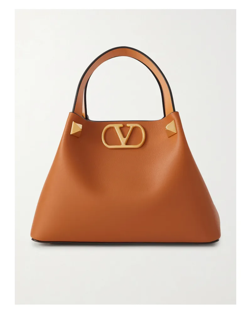 Valentino Garavani Vlogo Embellished Leather Shoulder Bag - Brown Brown