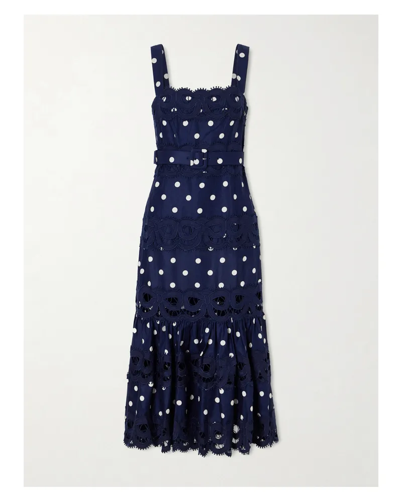 Self-Portrait Belted Polka-dot Linen And Cotton-blend Midi Dress - Blue Blue