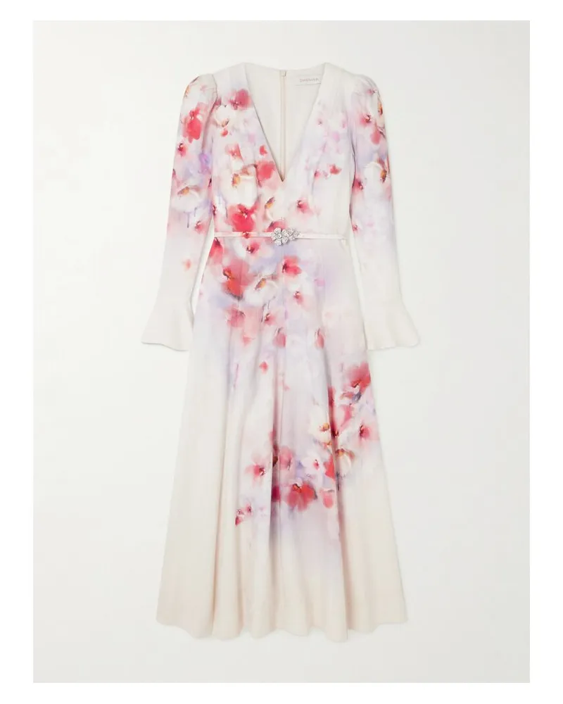 Zimmermann Crush Midikleid Aus Leinen Mit Blumenprint Und Gürtel - Creme Creme