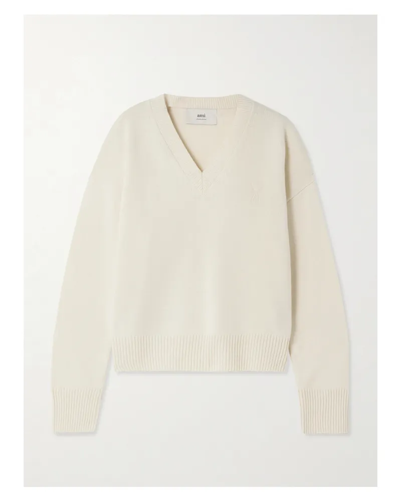 AMI Paris Oversized-pullover Aus Einer Woll-kaschmirmischung Mit Stickerei - Elfenbein Elfenbein