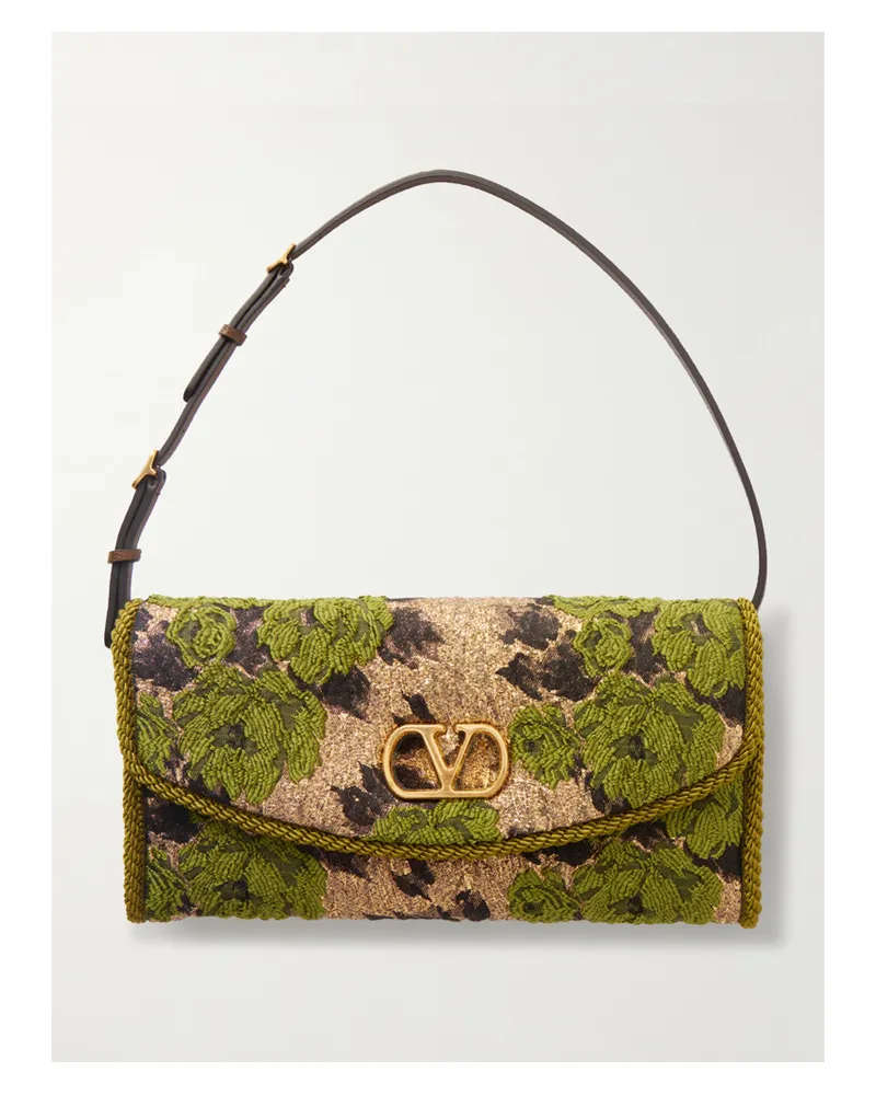Valentino Garavani Devain Leather-trimmed Metallic Brocade Shoulder Bag - Green Green