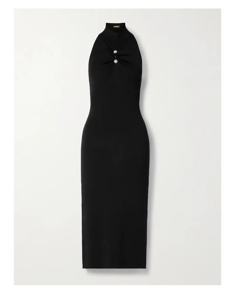 Cult Gaia Collin Midikleid Aus Geripptem Stretch-jersey Mit Stehkragen, Kunstperlen Und Raffung - Schwarz Schwarz