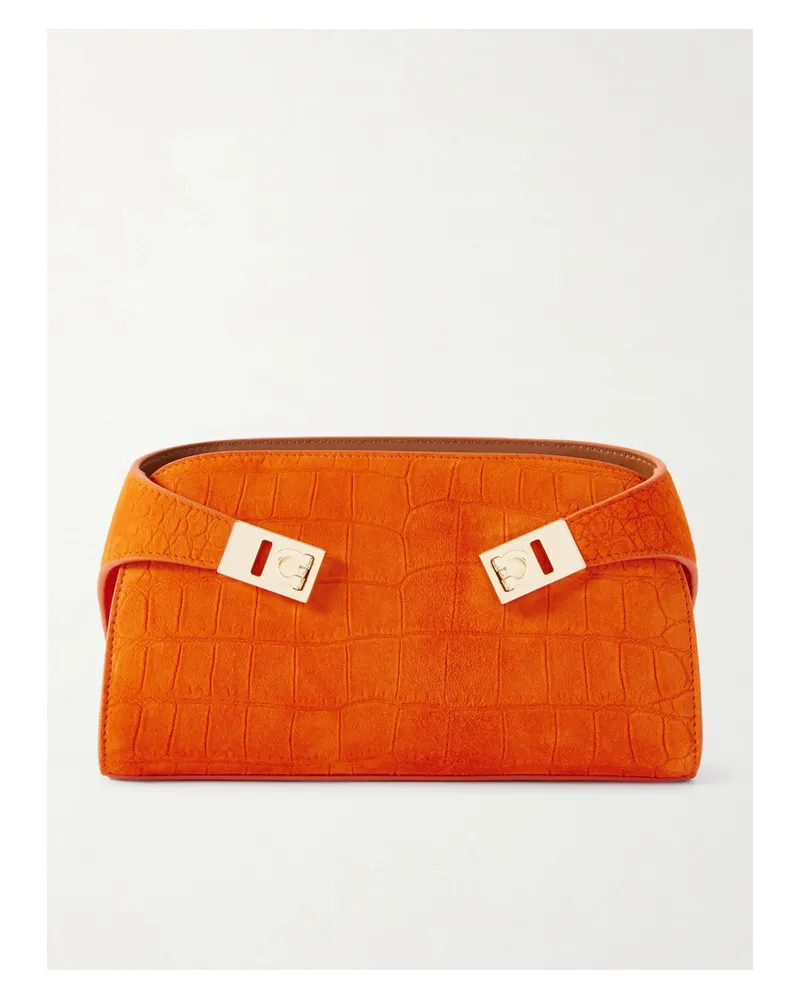 Ferragamo Hug Croc-effect Suede Shoulder Bag - Orange Orange