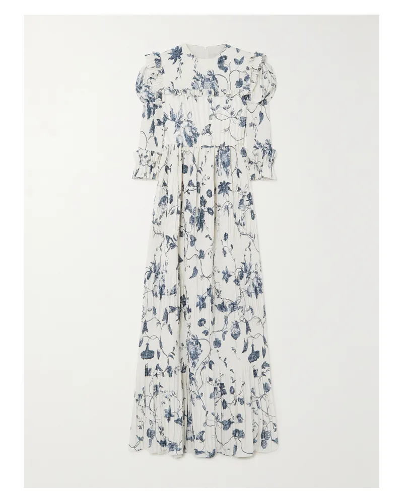 Erdem Robe Aus Chiffon Mit Blumenprint, Rüschen Und Plissee - Weiß Weiß