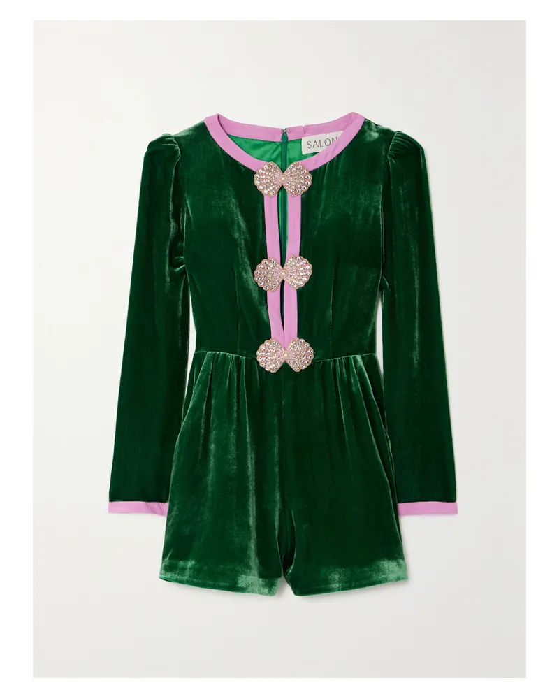 Saloni Camille Playsuit Aus Samt Mit Seiden-crêpe-besätzen Und Verzierungen - Grün Grün