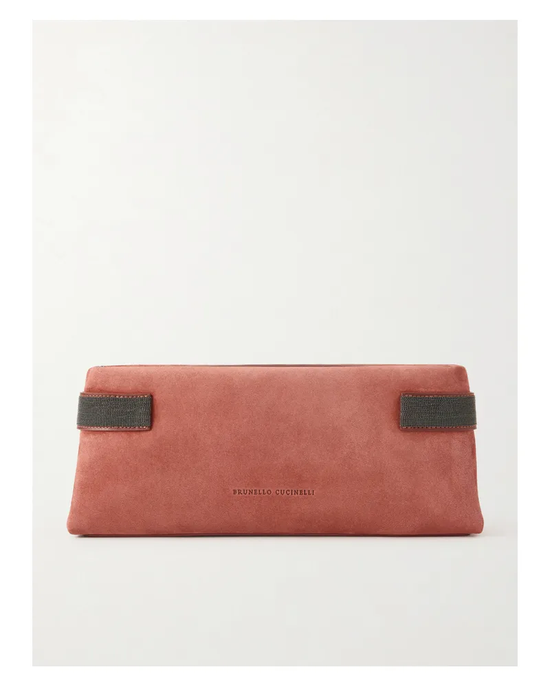 Brunello Cucinelli Essence Bead-embellished Leather-trimmed Suede Clutch - Red Red