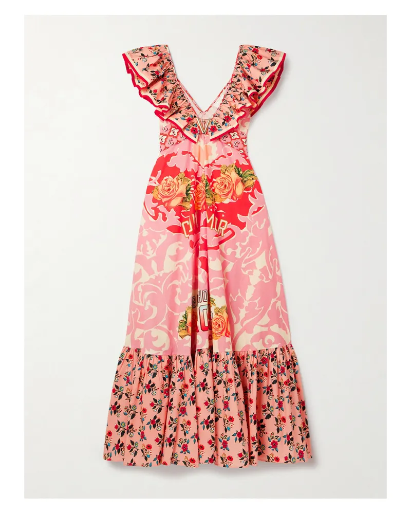 Camilla Maxikleid Aus Bedruckter Biobaumwollpopeline Mit Rüschen Und Verzierung - Pink Pink