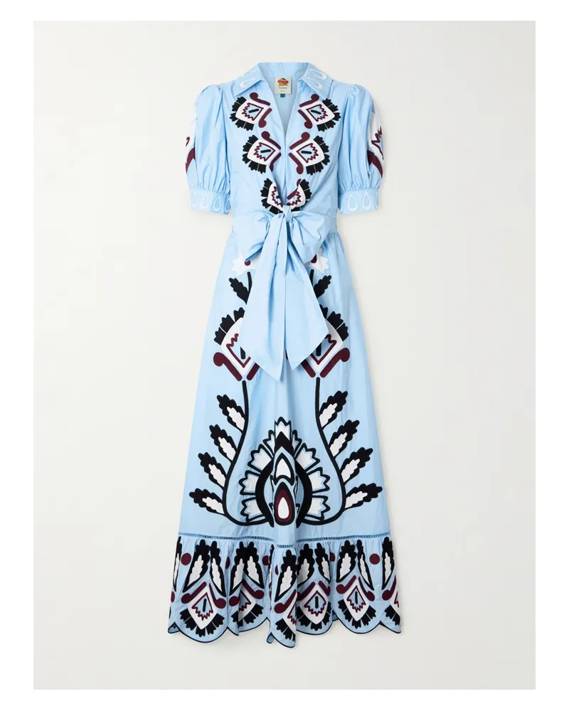 FARM Rio Tie-front Scalloped Appliquéd Cotton-poplin Maxi Dress - Blue Blue
