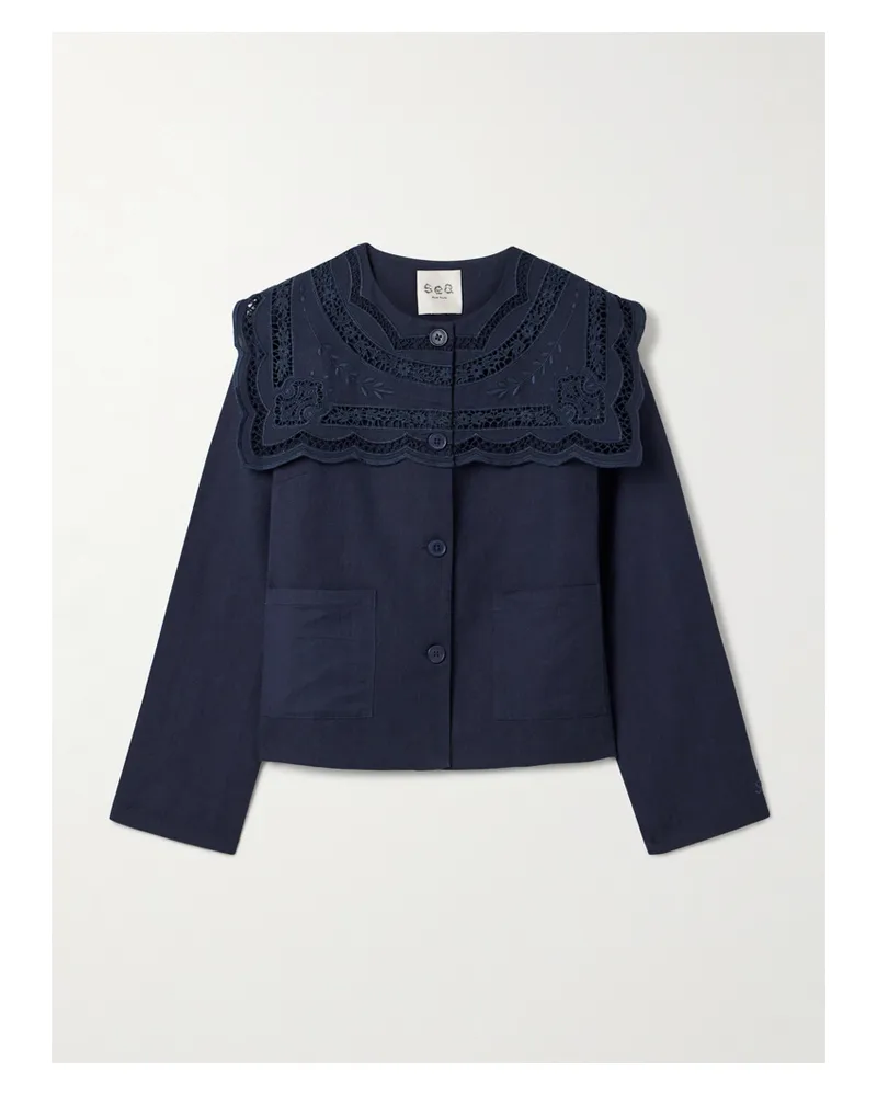Sea Marie Jacke Aus Einer Baumwoll-leinenmischung Mit Lochstickerei - Blau Blau