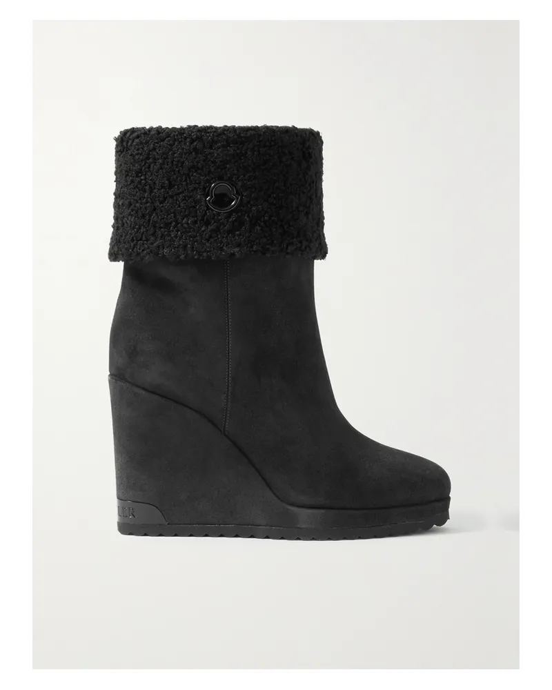 Moncler W Short Faux Shearling-lined Suede Wedge Ankle Boots - Black Black