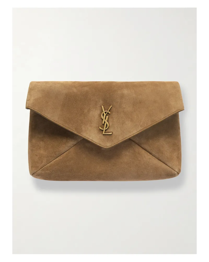Saint Laurent Cassandre Suede Clutch - Brown Brown