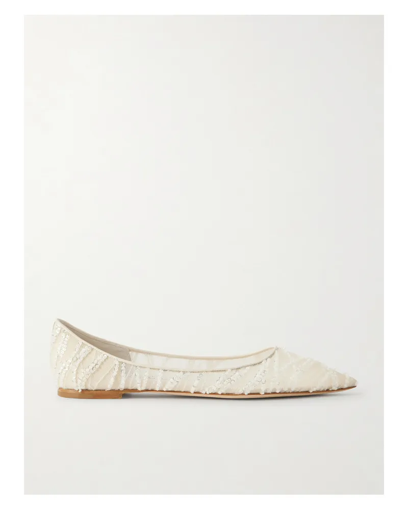 Jimmy Choo Love Embellished Mesh Point-toe Ballet Flats - Ivory Ivory