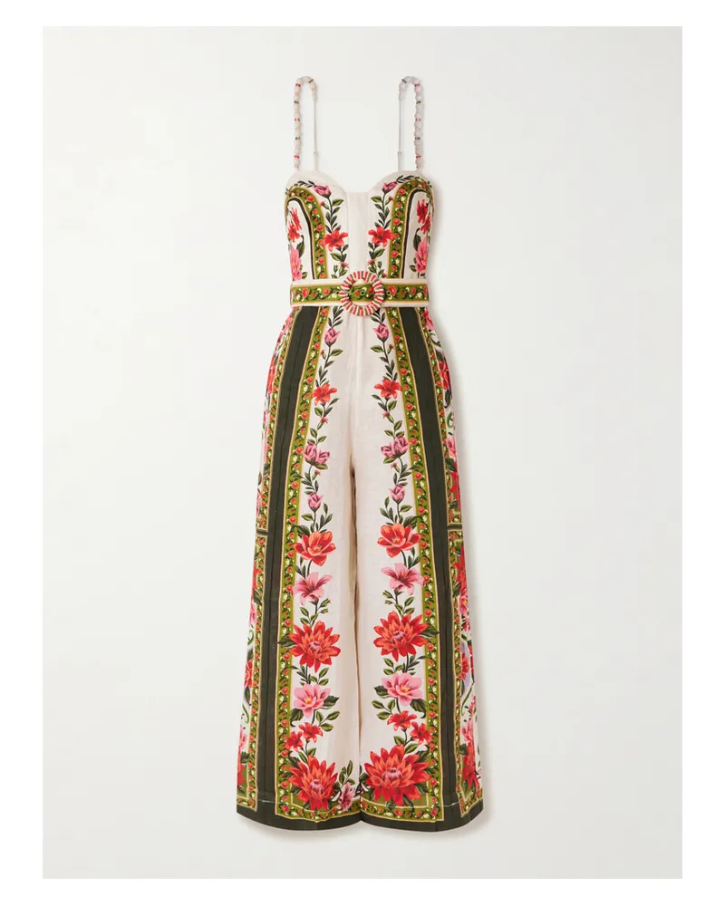 FARM Rio Wonder Rio Belted Embellished Printed Linen Jumpsuit - White White