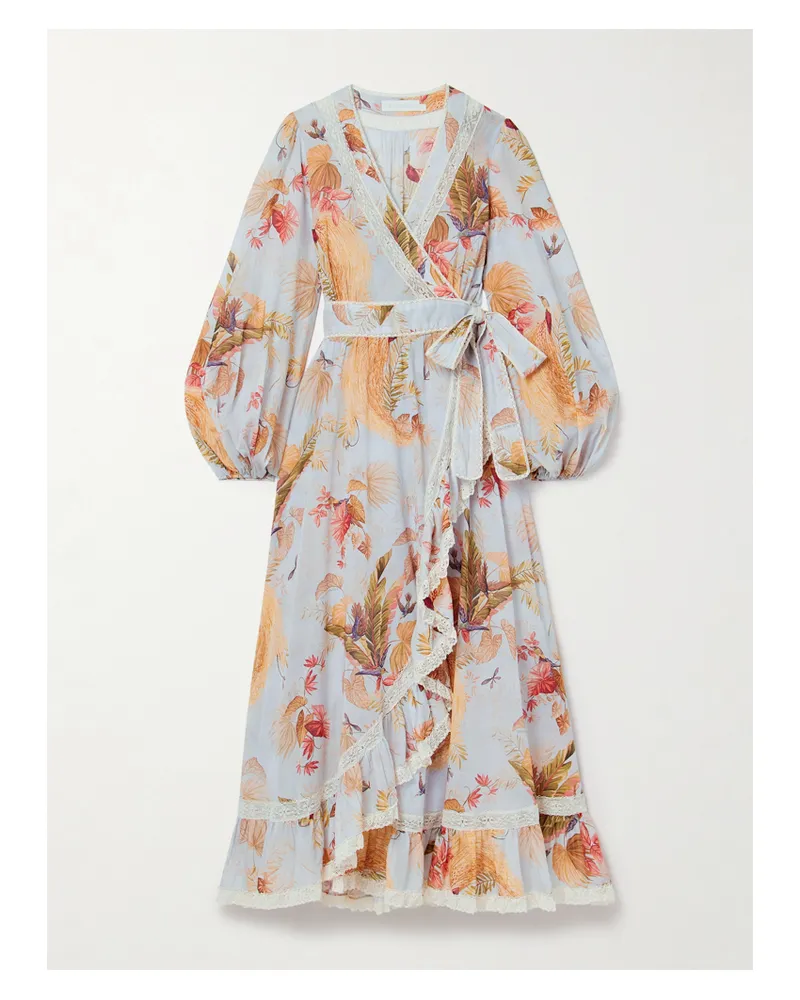 Zimmermann Ascension Midi-wickelkleid Aus Bedrucktem Baumwoll-voile Mit Spitzenbesätzen - Blau Blau