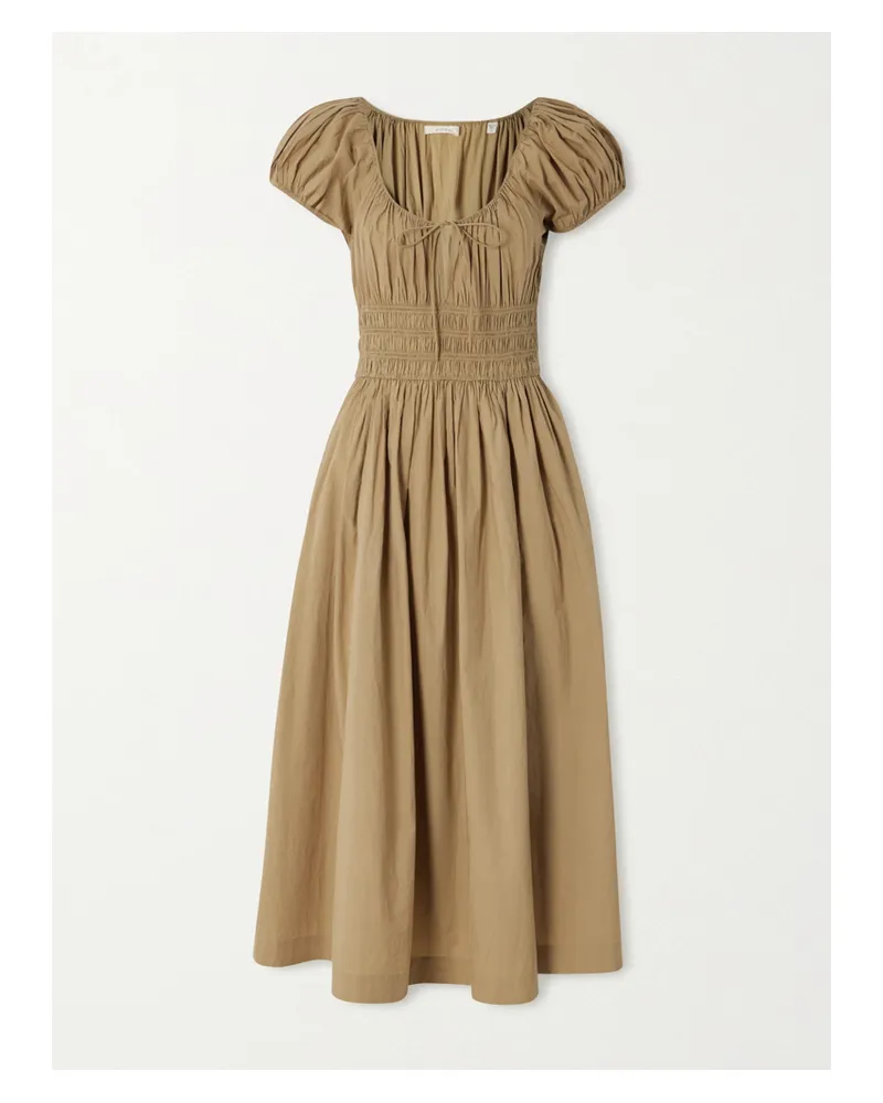 DÔEN Quinn Tie-detailed Shirred Cotton-poplin Midi Dress - Neutrals Neutrals