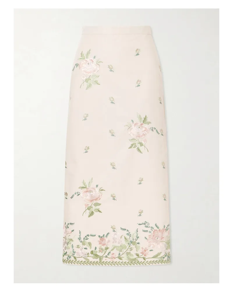 Erdem Floral-embroidered Cotton-faille Midi Skirt - Pink Pink