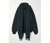 Checked Wool-blend Trimmed Cotton-blend Jersey Hoodie - Blue