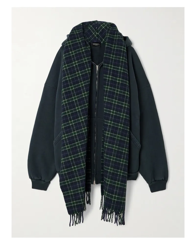 Balenciaga Checked Wool-blend Trimmed Cotton-blend Jersey Hoodie - Blue Blue