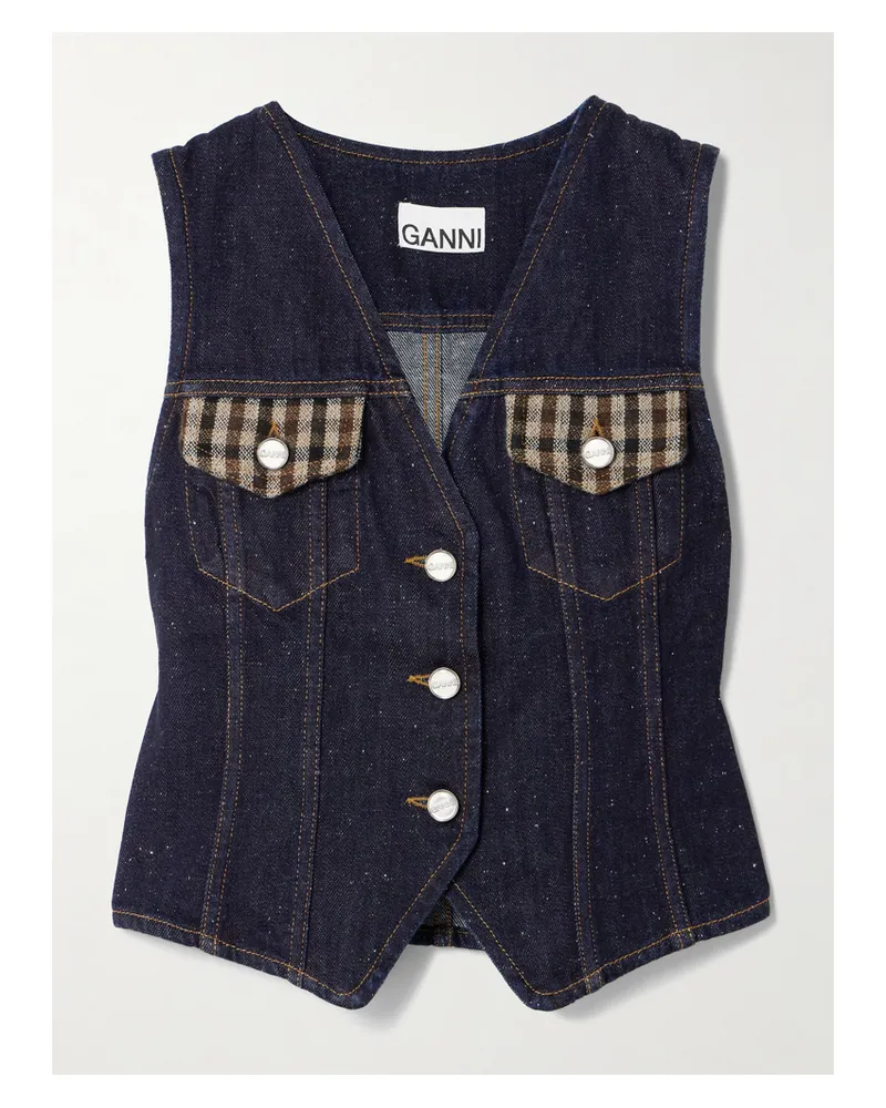 Ganni Neppy Jeansweste Aus Bio-denim Mit Kariertem Tweed-besatz - Blau Blau