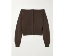 Off-the-shoulder Cropped Embroidered Cashmere Cardigan - Brown