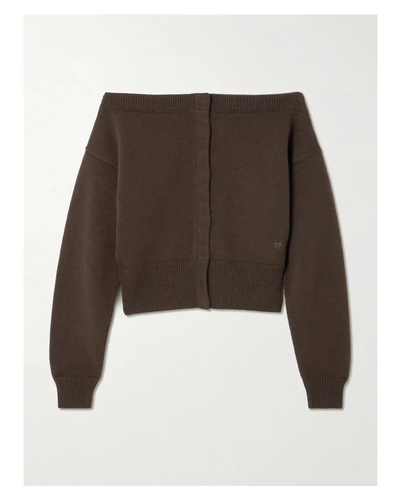 Tom Ford Off-the-shoulder Cropped Embroidered Cashmere Cardigan - Brown Brown