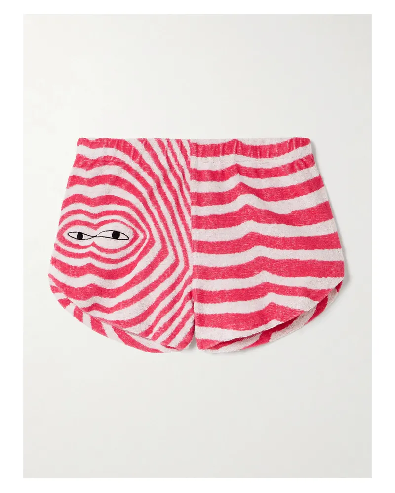 The Elder Statesman Gestreifte Shorts Aus Baumwollfrottee Mit Stickerei Rot